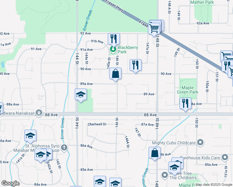 map of restaurants, bars, coffee shops, grocery stores, and more near 14596 89 Avenue in Surrey