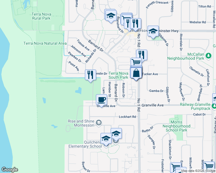 map of restaurants, bars, coffee shops, grocery stores, and more near 6833 Hamber Street in Richmond