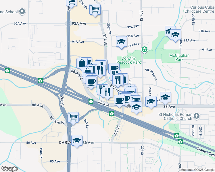 map of restaurants, bars, coffee shops, grocery stores, and more near 8915 202 Street in Langley Township