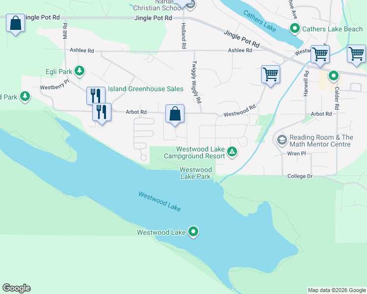 map of restaurants, bars, coffee shops, grocery stores, and more near 2301 Arbot Road in Nanaimo