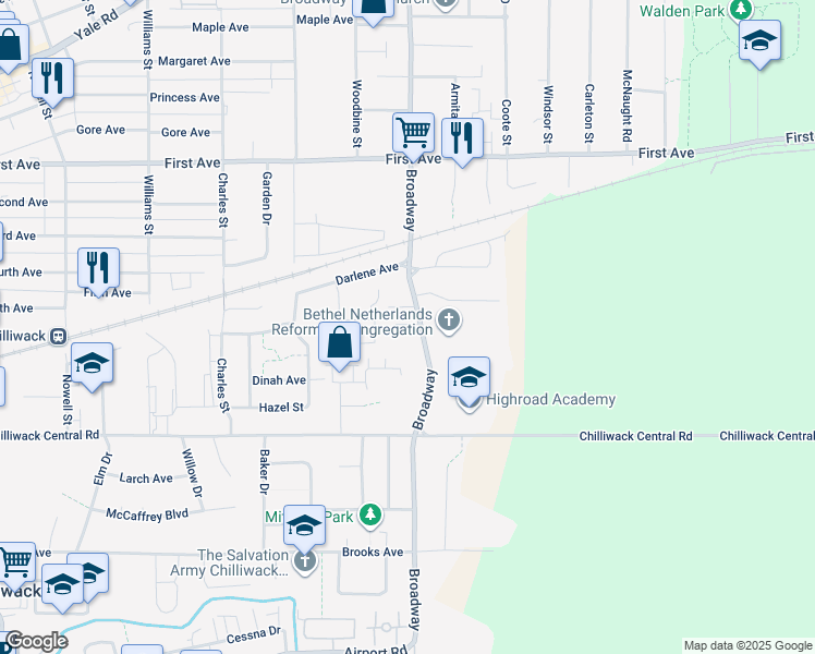 map of restaurants, bars, coffee shops, grocery stores, and more near 8945 Broadway in Chilliwack