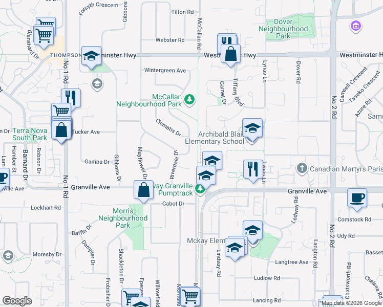 map of restaurants, bars, coffee shops, grocery stores, and more near 6760 Coltsfoot Drive in Richmond