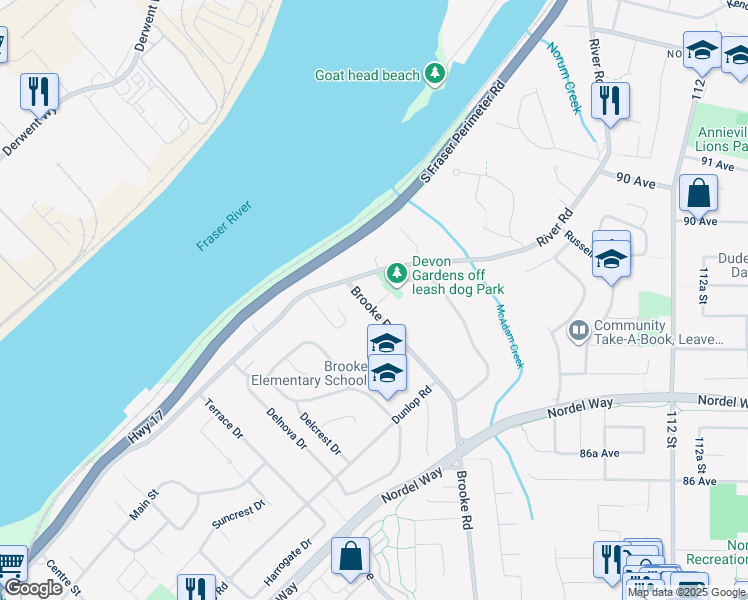 map of restaurants, bars, coffee shops, grocery stores, and more near 8868 Brooke Road in Delta