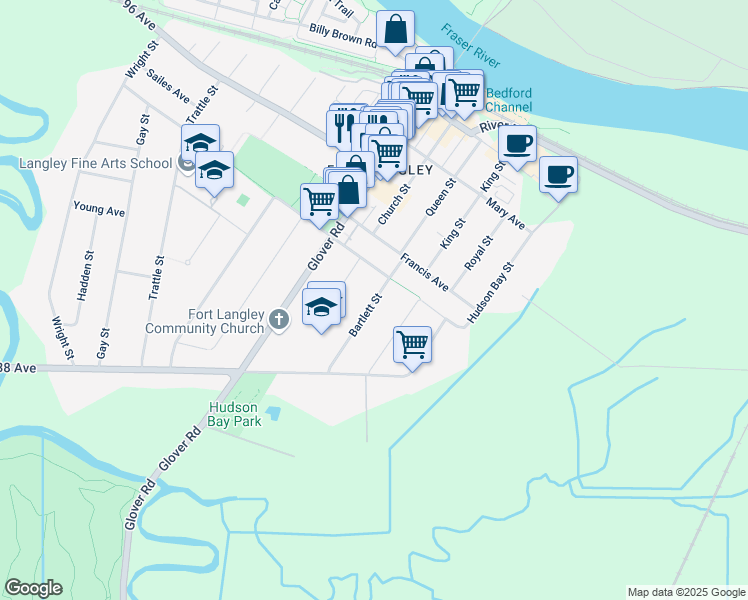 map of restaurants, bars, coffee shops, grocery stores, and more near 8877 Bartlett Street in Langley
