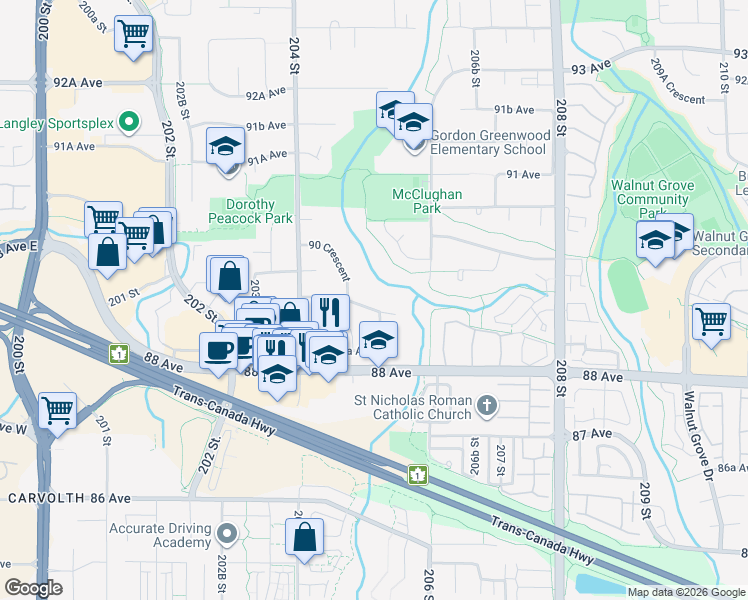 map of restaurants, bars, coffee shops, grocery stores, and more near 20495 Telegraph Trail in Langley Township