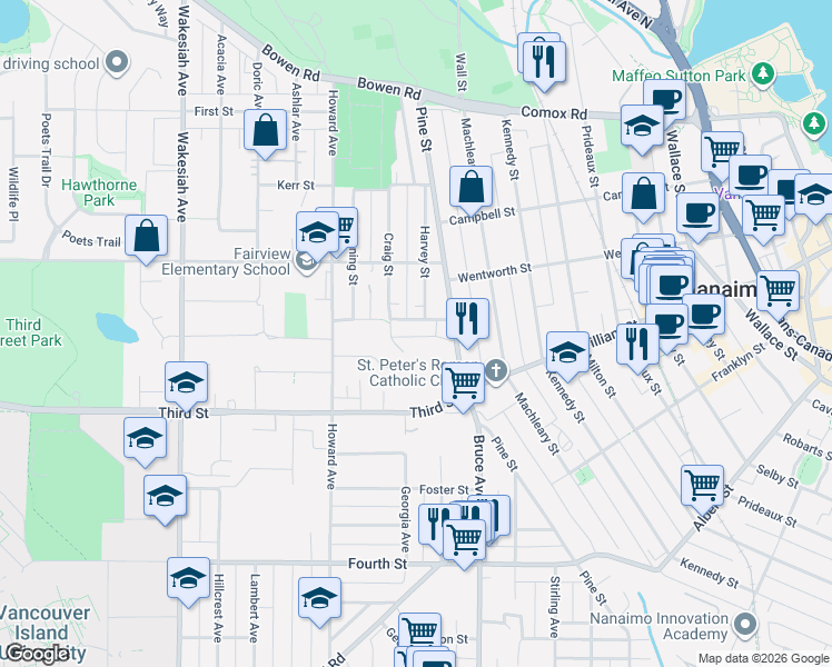 map of restaurants, bars, coffee shops, grocery stores, and more near 269 Craig Street in Nanaimo
