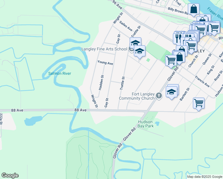 map of restaurants, bars, coffee shops, grocery stores, and more near 8904 Gay Street in Langley Township