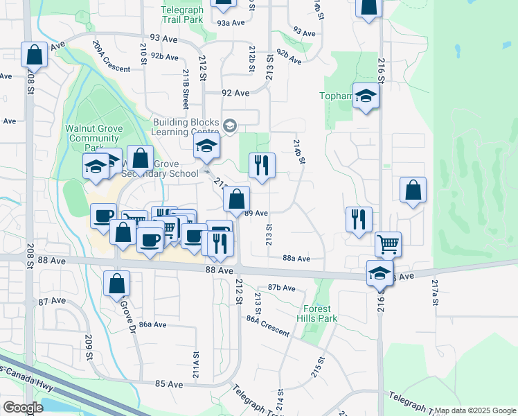 map of restaurants, bars, coffee shops, grocery stores, and more near 21273 89 Avenue in Langley Township