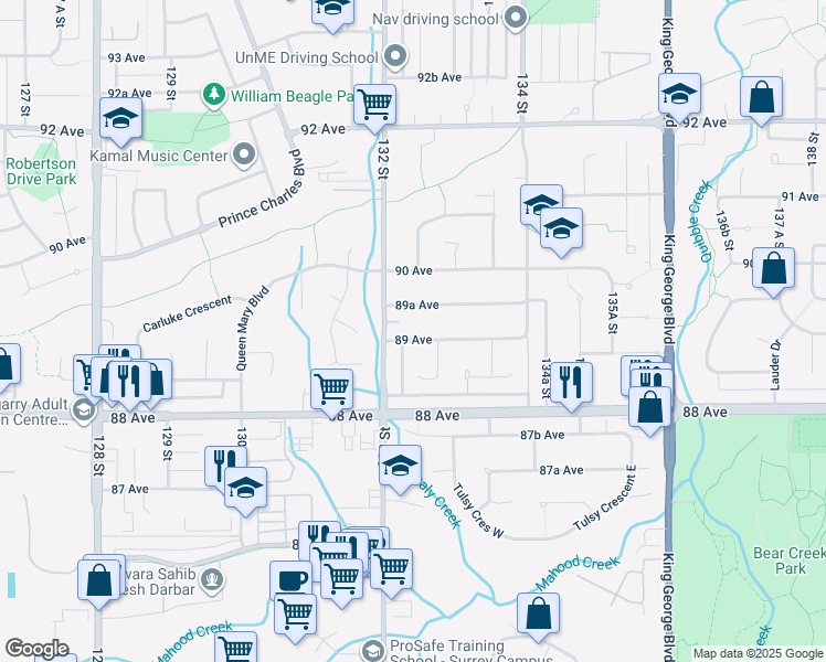 map of restaurants, bars, coffee shops, grocery stores, and more near 13239 89 Avenue in Surrey