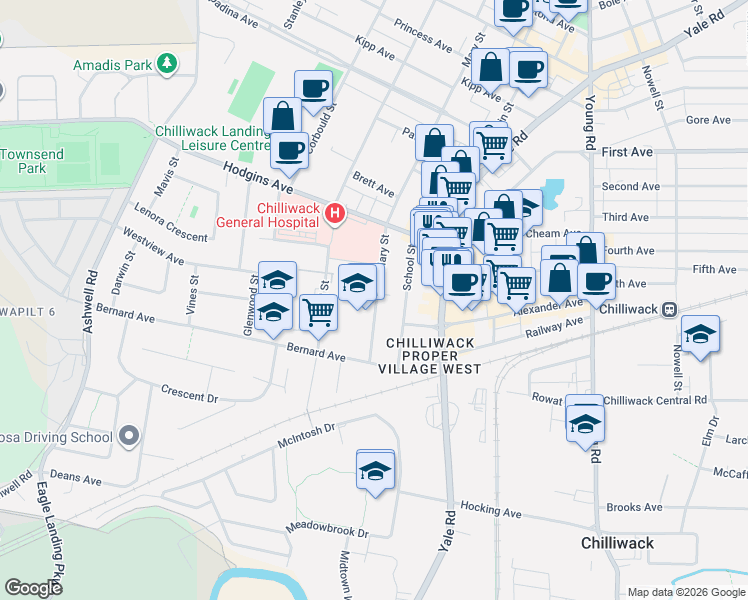 map of restaurants, bars, coffee shops, grocery stores, and more near 8934 Mary Street in Chilliwack
