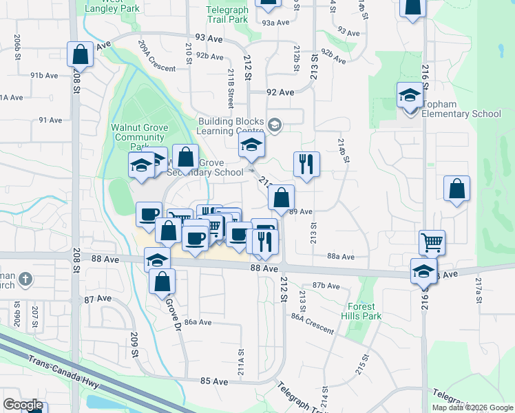 map of restaurants, bars, coffee shops, grocery stores, and more near 8889 212 Street in Langley Township