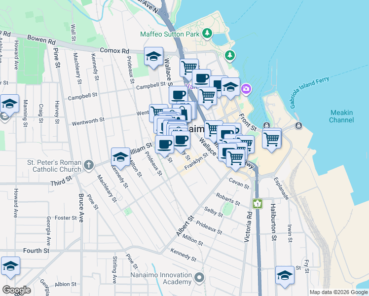 map of restaurants, bars, coffee shops, grocery stores, and more near 351 Wesley Street in Nanaimo