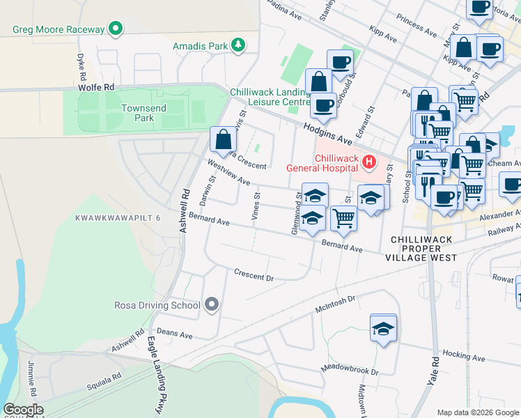 map of restaurants, bars, coffee shops, grocery stores, and more near 8940 Vines Street in Chilliwack
