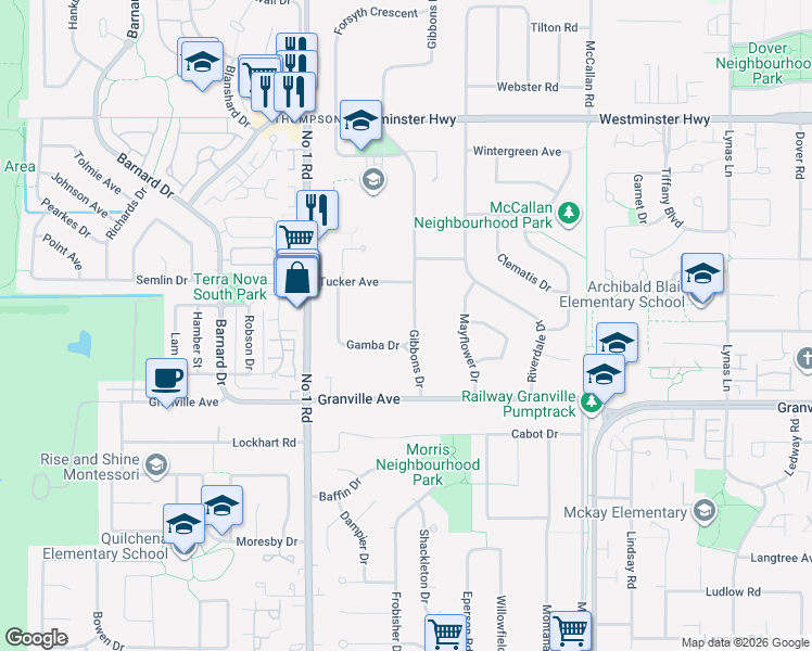 map of restaurants, bars, coffee shops, grocery stores, and more near 6691 Gibbons Drive in Richmond