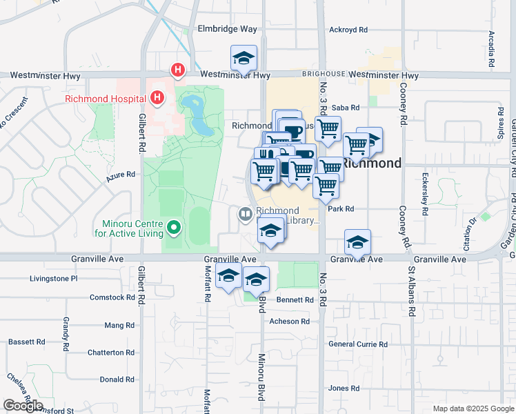 map of restaurants, bars, coffee shops, grocery stores, and more near 6600 Minoru Boulevard in Richmond
