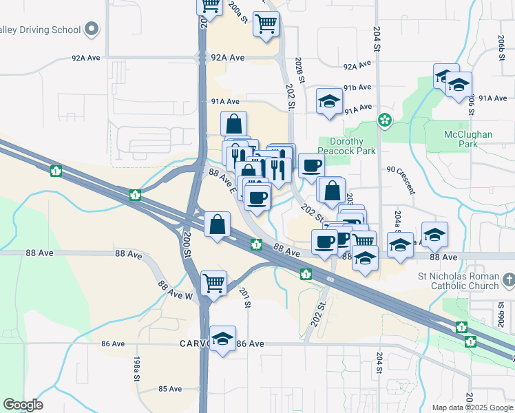 map of restaurants, bars, coffee shops, grocery stores, and more near 201 Street in Langley Township