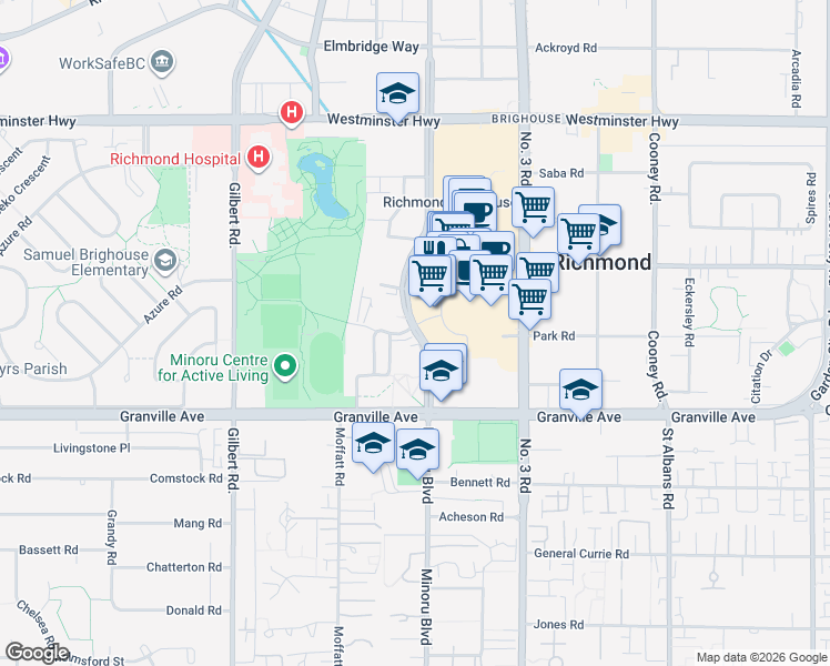 map of restaurants, bars, coffee shops, grocery stores, and more near Minoru Boulevard in Richmond