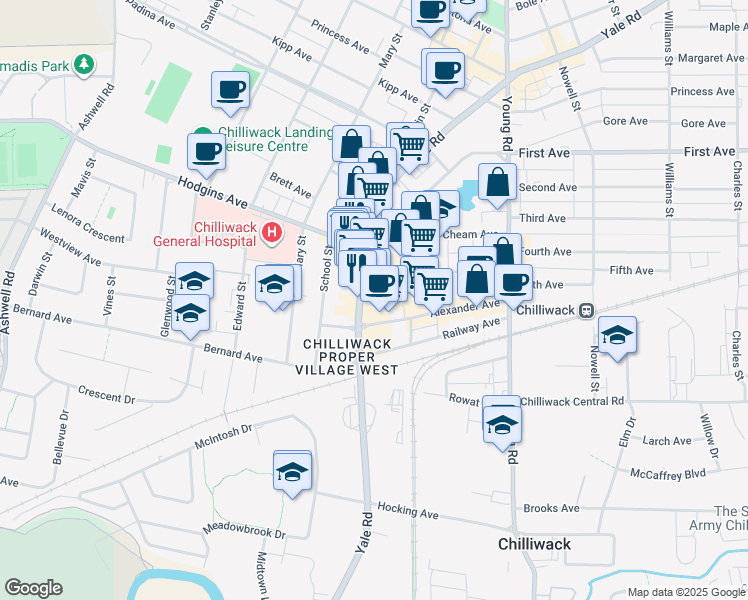 map of restaurants, bars, coffee shops, grocery stores, and more near 45842 Yale Road in Chilliwack