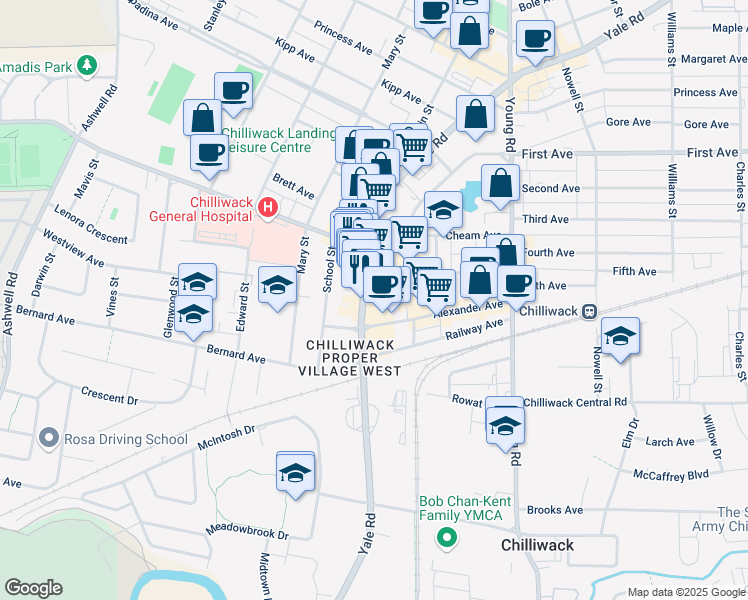 map of restaurants, bars, coffee shops, grocery stores, and more near 45842 Yale Road in Chilliwack