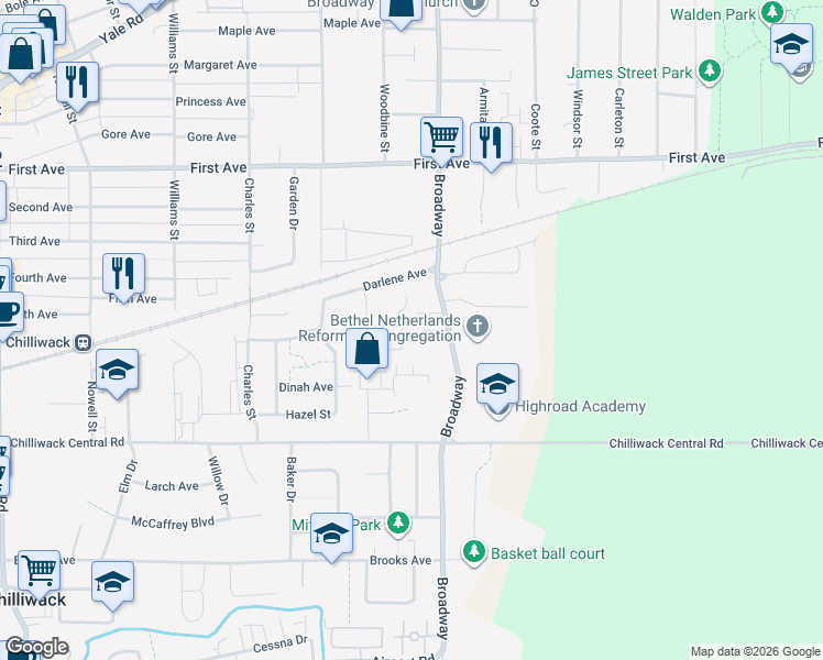 map of restaurants, bars, coffee shops, grocery stores, and more near 46510 Darlene Avenue in Chilliwack