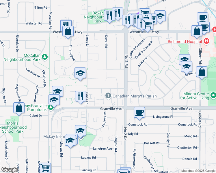 map of restaurants, bars, coffee shops, grocery stores, and more near 5631 Garrison Road in Richmond