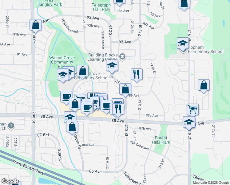 map of restaurants, bars, coffee shops, grocery stores, and more near 21211 89B Avenue in Langley City