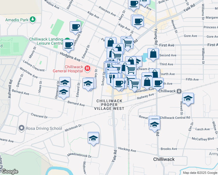 map of restaurants, bars, coffee shops, grocery stores, and more near 45842 Yale Road in Chilliwack