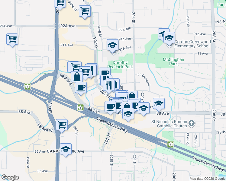 map of restaurants, bars, coffee shops, grocery stores, and more near 8880 202 Street in Langley Township