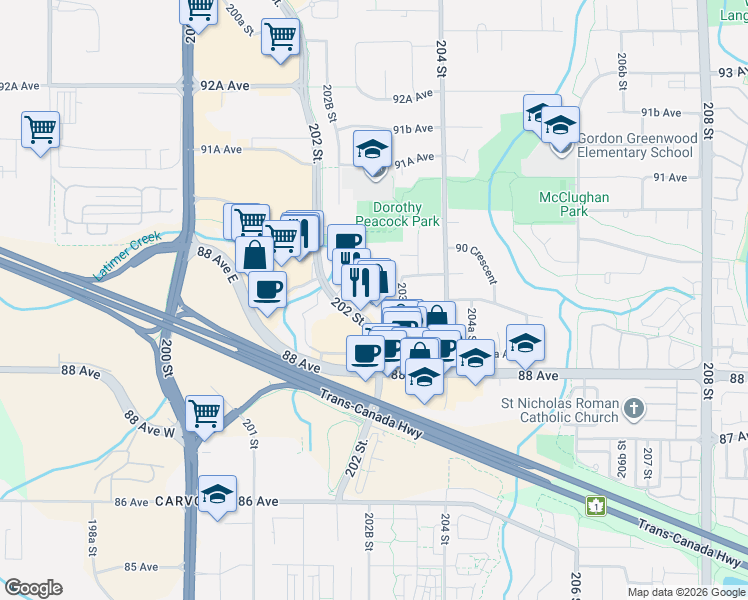 map of restaurants, bars, coffee shops, grocery stores, and more near 8933 203A Street in Langley City