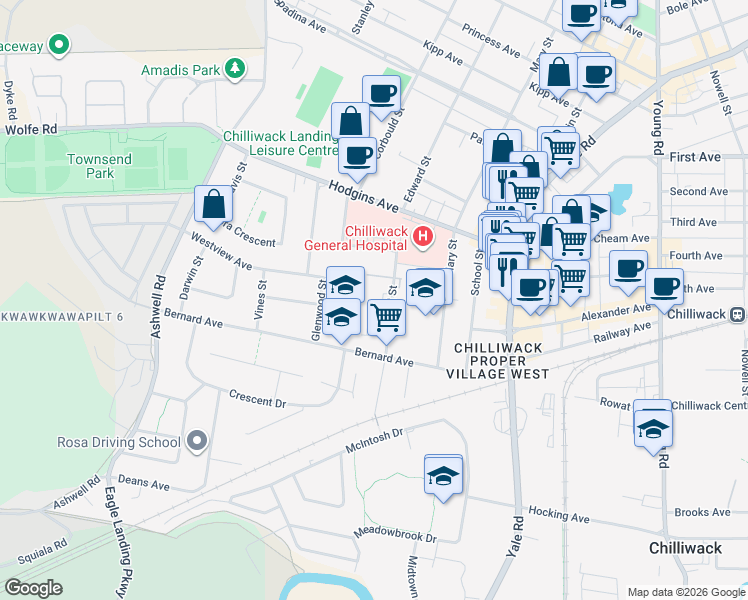 map of restaurants, bars, coffee shops, grocery stores, and more near 8955 Edward Street in Chilliwack