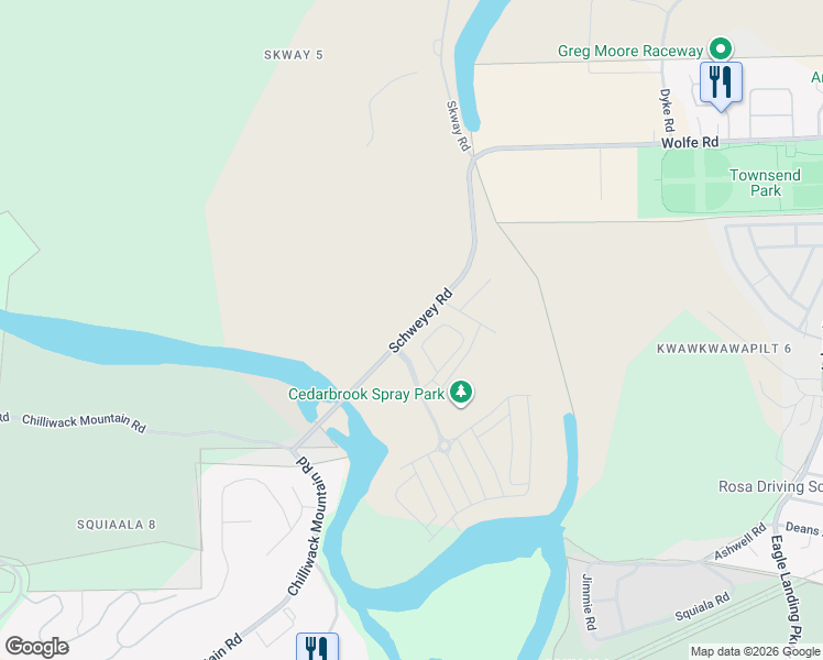 map of restaurants, bars, coffee shops, grocery stores, and more near Schweyey Road in Fraser Valley