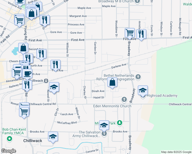 map of restaurants, bars, coffee shops, grocery stores, and more near 46385 Loring Avenue in Chilliwack