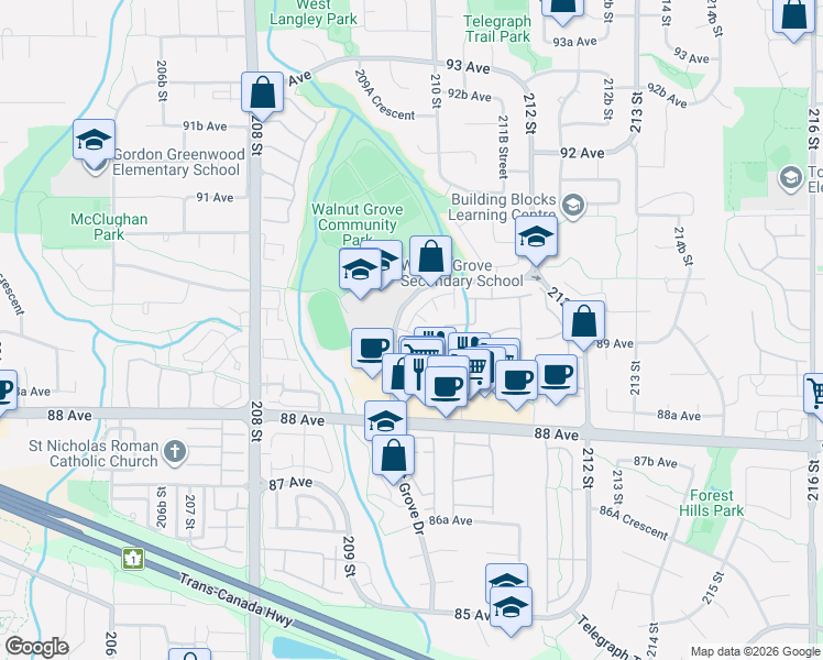 map of restaurants, bars, coffee shops, grocery stores, and more near 8930 Walnut Grove Drive in Langley Township