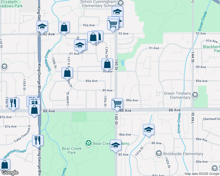 map of restaurants, bars, coffee shops, grocery stores, and more near 13971 89 Avenue in Surrey