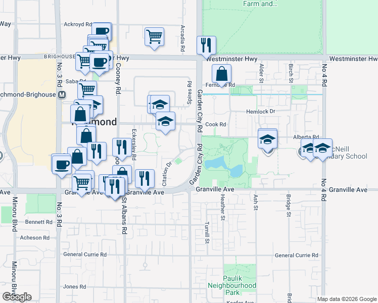 map of restaurants, bars, coffee shops, grocery stores, and more near 8660 Citation Drive in Richmond