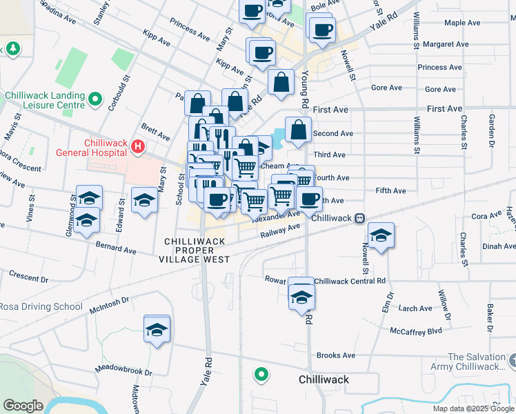 map of restaurants, bars, coffee shops, grocery stores, and more near 9000 Birch Street in Chilliwack