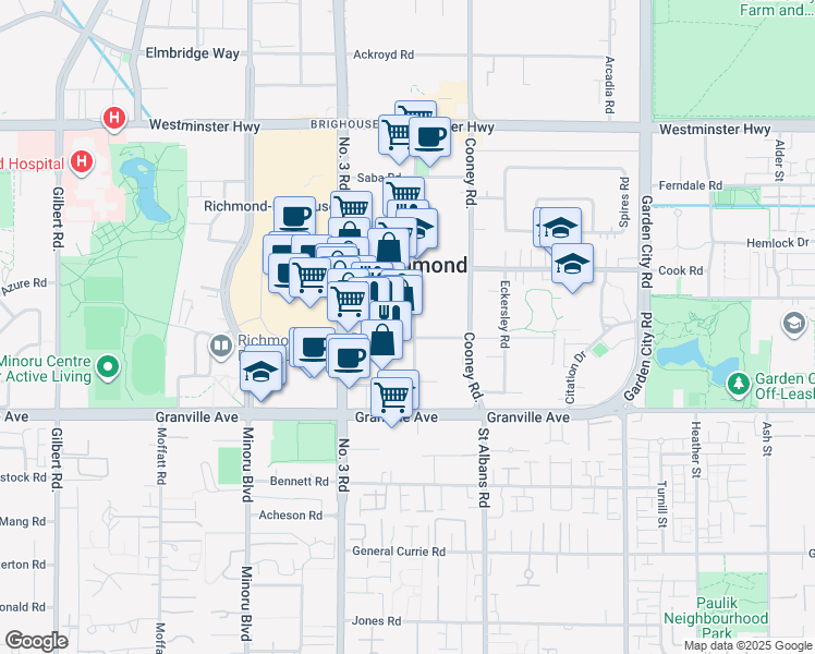 map of restaurants, bars, coffee shops, grocery stores, and more near 6655 Buswell Street in Richmond
