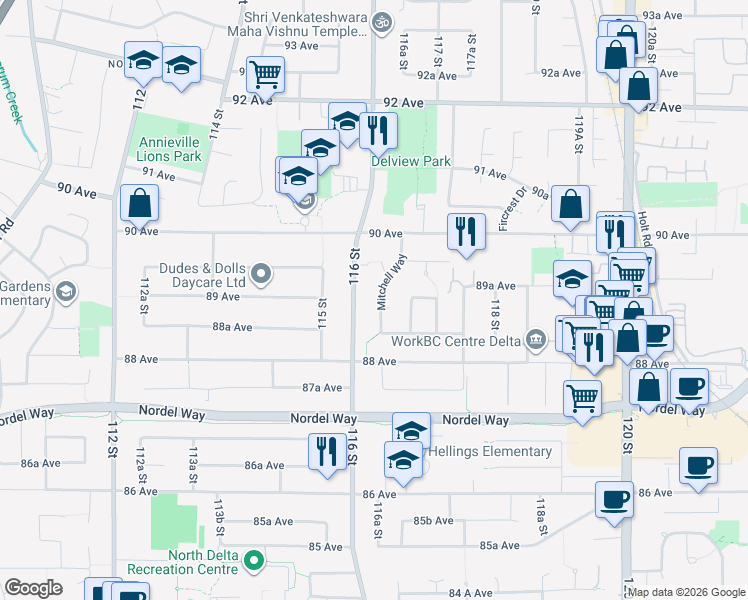 map of restaurants, bars, coffee shops, grocery stores, and more near 8895 Mitchell Way in Delta