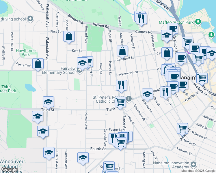 map of restaurants, bars, coffee shops, grocery stores, and more near 309 Elizabeth Street in Nanaimo