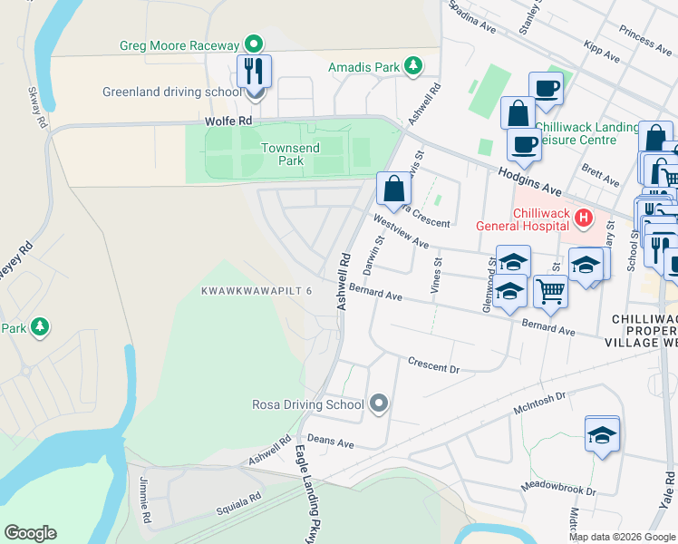 map of restaurants, bars, coffee shops, grocery stores, and more near 8945 Ashwell Road in Chilliwack