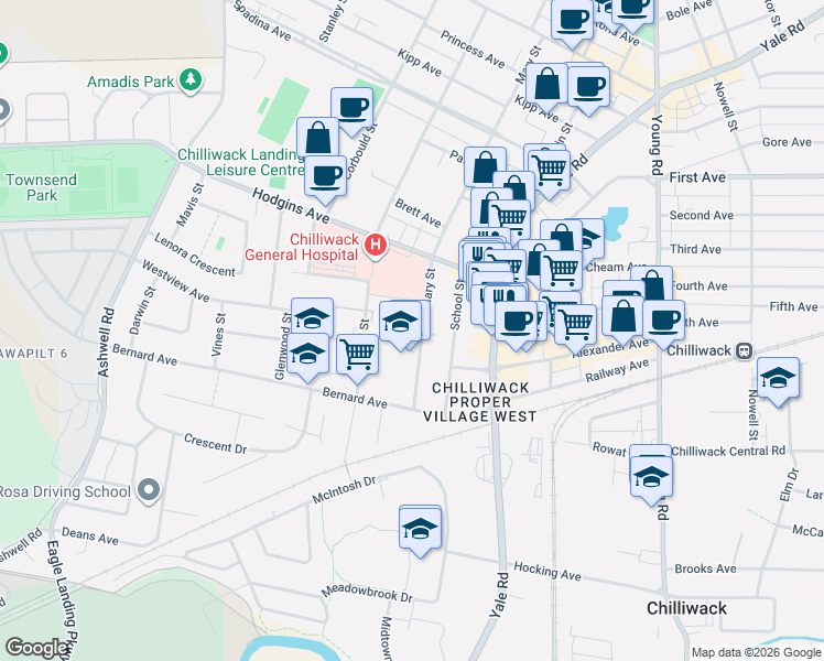 map of restaurants, bars, coffee shops, grocery stores, and more near 8975 Mary Street in Chilliwack