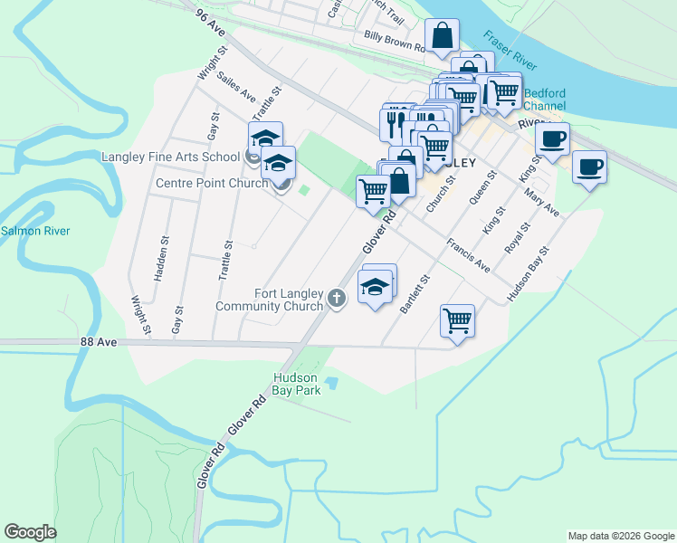 map of restaurants, bars, coffee shops, grocery stores, and more near 8935 Glover Road in Langley Township