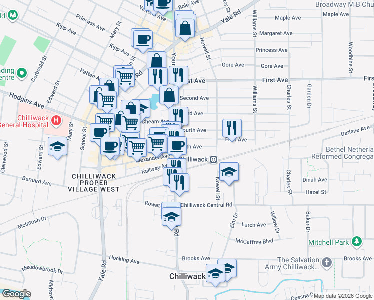 map of restaurants, bars, coffee shops, grocery stores, and more near 46014 Fifth Avenue in Chilliwack