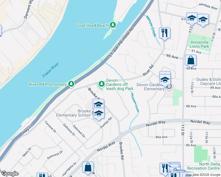 map of restaurants, bars, coffee shops, grocery stores, and more near 10993 McAdam Road in Delta