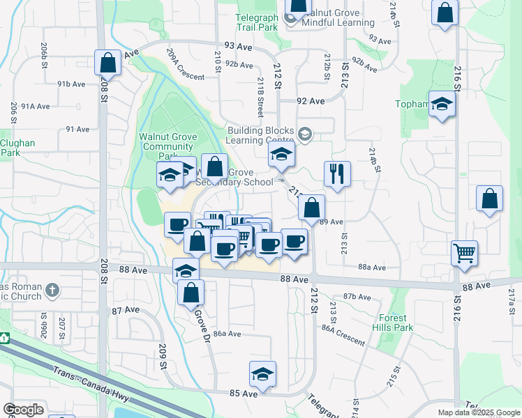 map of restaurants, bars, coffee shops, grocery stores, and more near 9012 Walnut Grove Drive in Langley Township