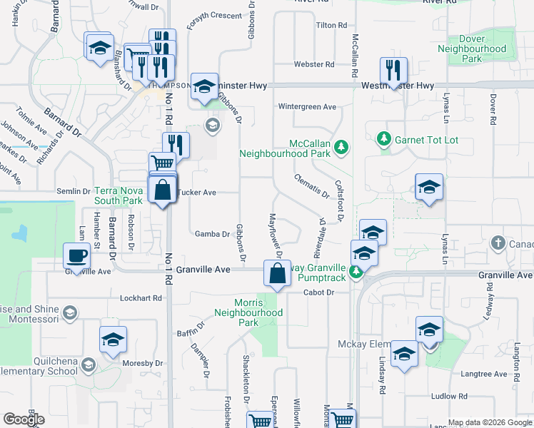 map of restaurants, bars, coffee shops, grocery stores, and more near 6711 Mayflower Drive in Richmond