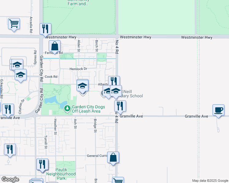 map of restaurants, bars, coffee shops, grocery stores, and more near 6551 Number 4 Road in Richmond