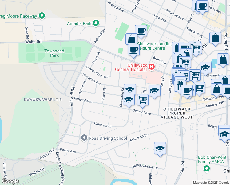 map of restaurants, bars, coffee shops, grocery stores, and more near 45415 Barton Avenue in Chilliwack