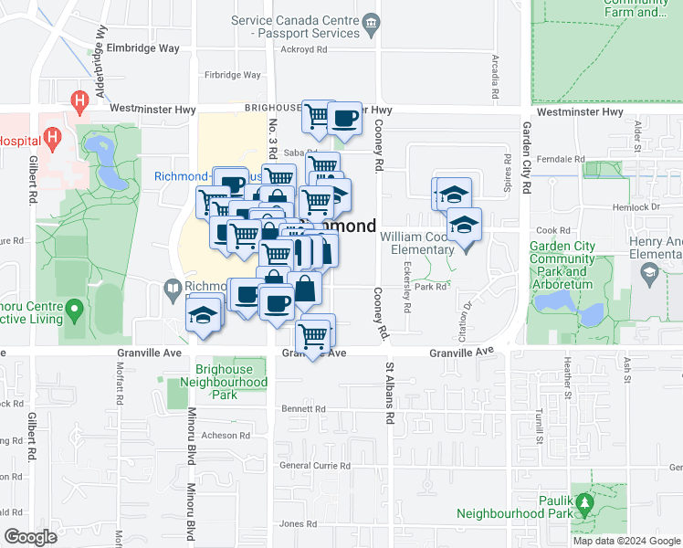 map of restaurants, bars, coffee shops, grocery stores, and more near 6660 Buswell Street in Richmond
