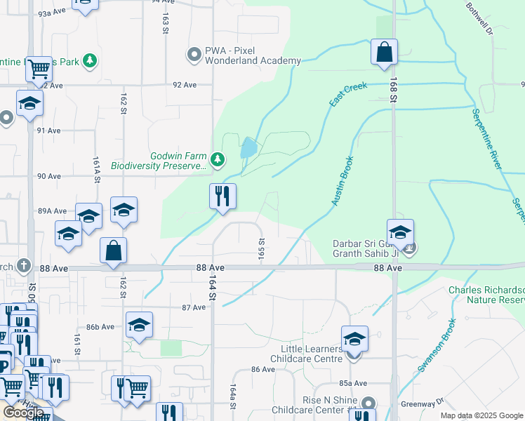 map of restaurants, bars, coffee shops, grocery stores, and more near 16487 89 Avenue in Surrey